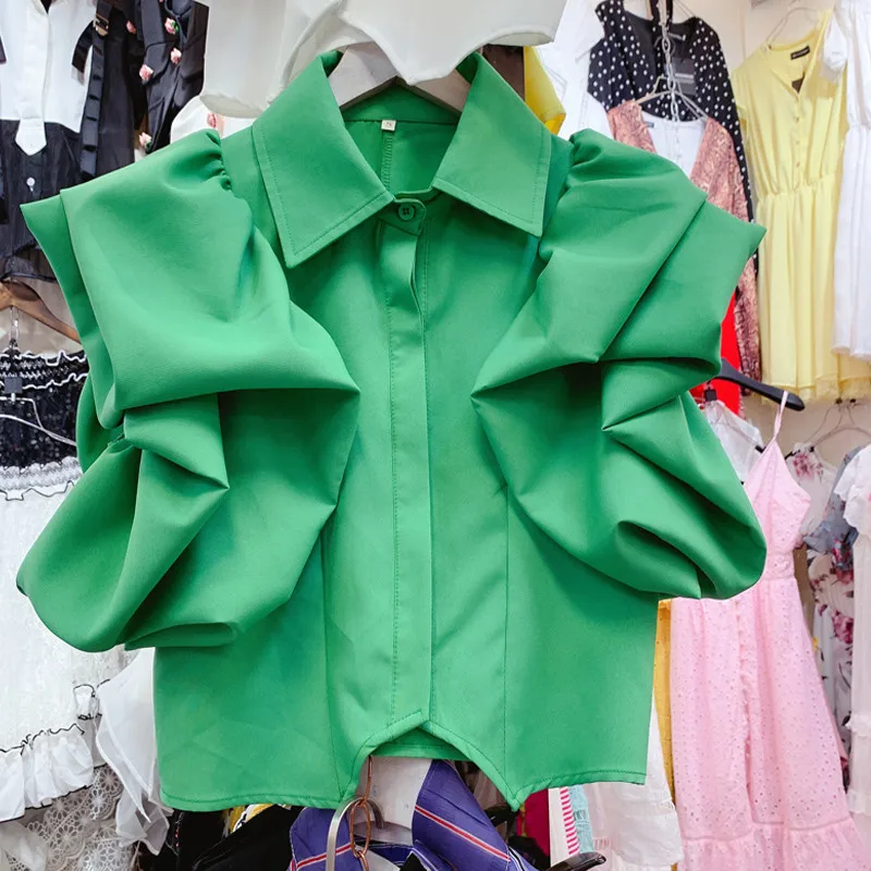 Женские рубашки 2021, оборки в три четверти, пуговицы, однотонная шифоновая блузка, женские однотонные Элегантные женские топы и блузки