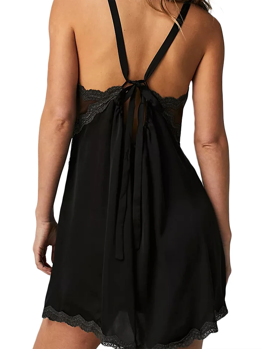 Женское кружевное мини-платье в стиле пэчворк на бретельках Y2k, платье-комбинация с V-образным вырезом на бретельках, Нижнее белье, атласная кружевная сорочка, ночная рубашка