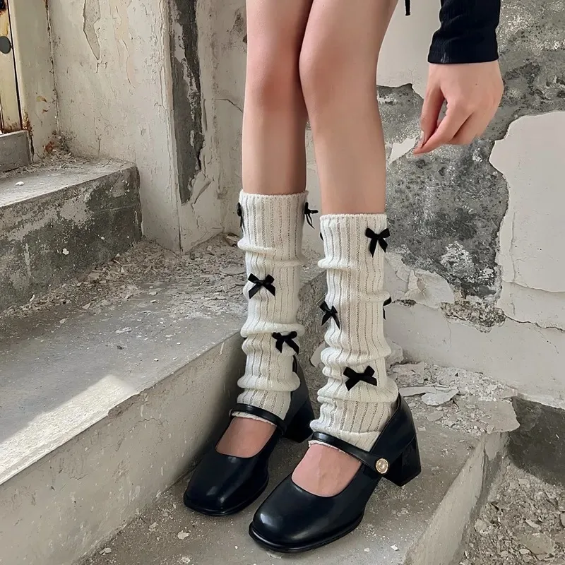 Зимние женские теплые носки в японском стиле, милый теплый чехол для ног в стиле Лолиты, Кавайный Белый галстук-бабочка, теплые вязаные носки