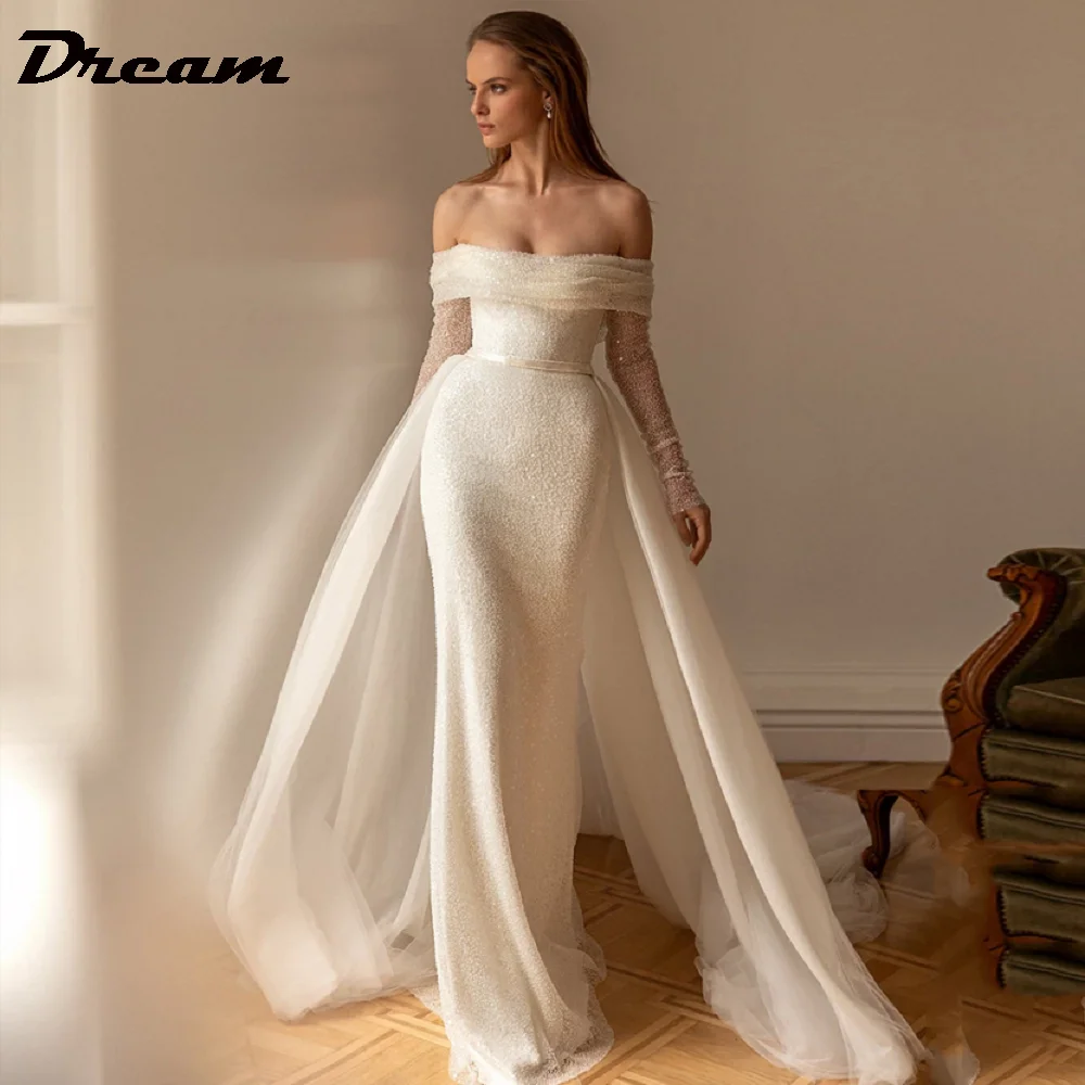 Изысканные свадебные платья русалки DREAM с открытыми плечами, расшитые бисером, Длинные рукава, съемный шлейф, богемные свадебные платья