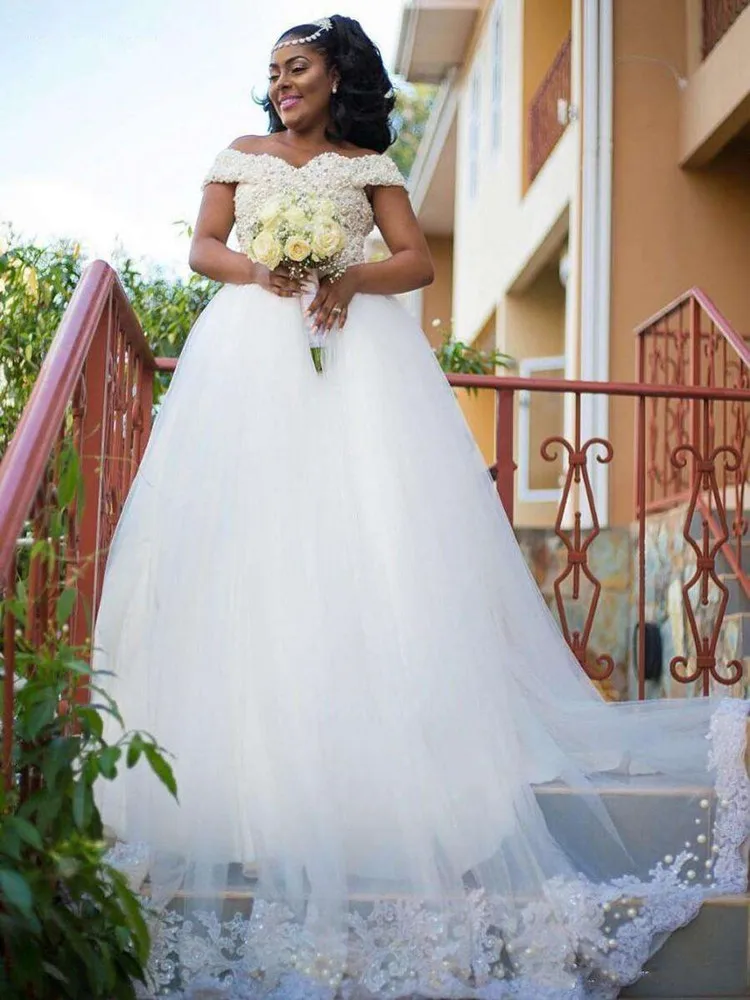 Классическая милая с открытыми плечами, тяжелые жемчужные бусы, свадебное платье Vestidos De Noiva, Африканское свадебное платье трапециевидной формы больших размеров