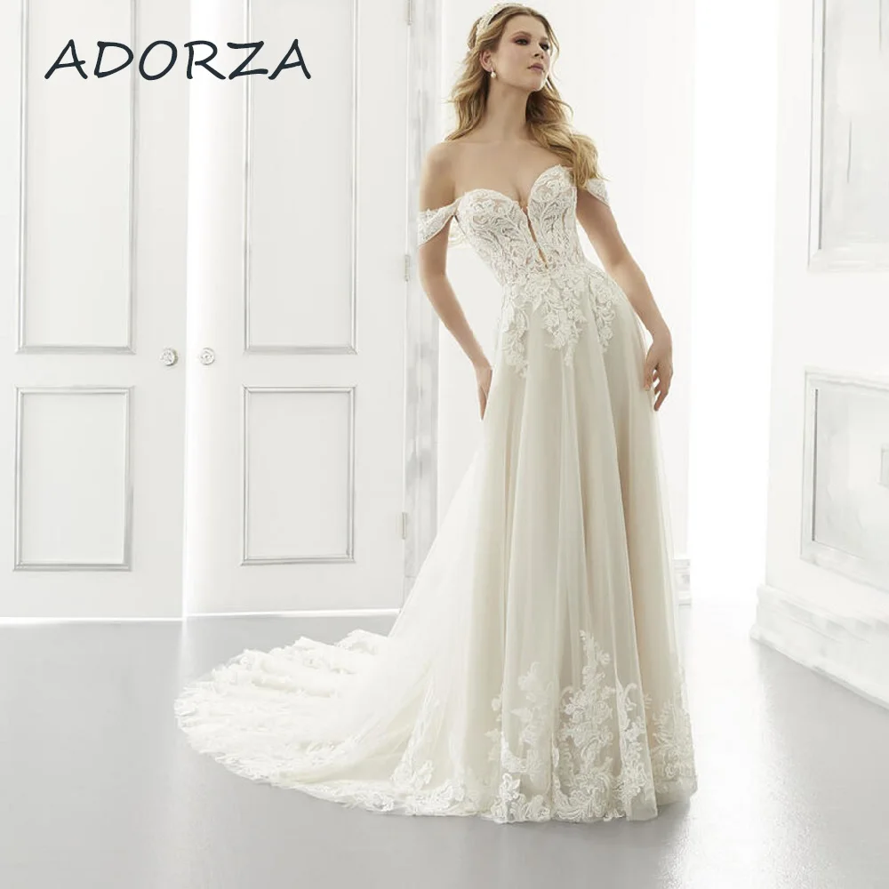 Классическое свадебное платье трапециевидной формы ADORZA с открытыми плечами, аппликацией в виде сердца, на молнии длиной до пола, шлейф, Vestidos De Novia