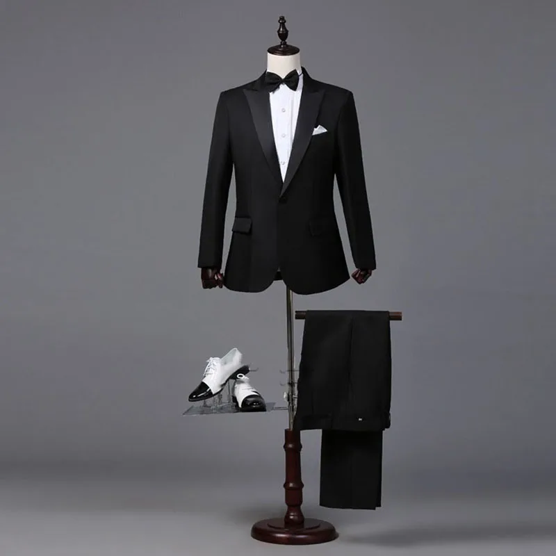 Комплект из 2 предметов, Черный костюм (куртка + брюки), Мужские Вечерние Свадебные Смокинги, Мужские Приталенные Однобортные сценические костюмы Man Terno Masculino