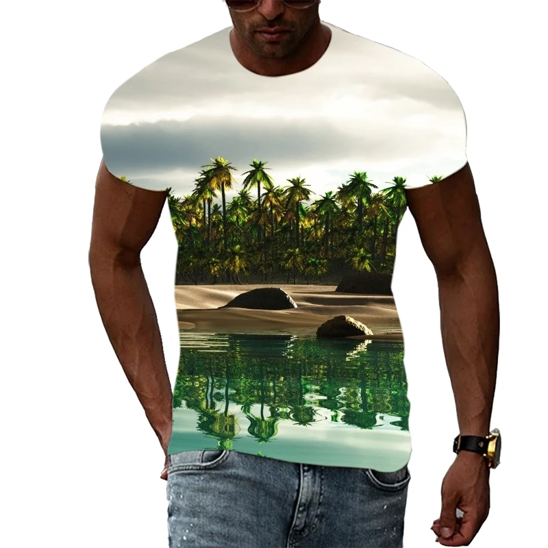 Летние мужские футболки с рисунком пальмы, футболки с изображением 3D природных пейзажей, Модные красивые футболки с коротким рукавом, топ