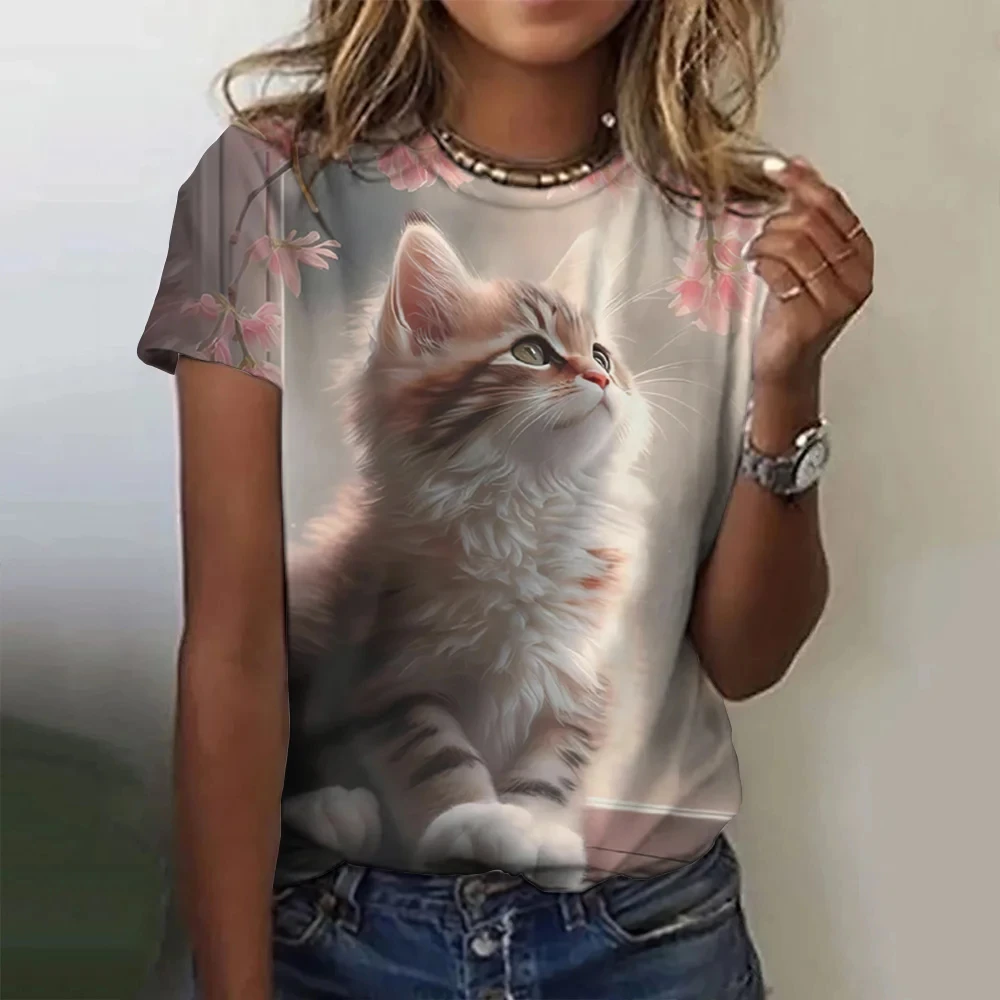 Летние Новые модные женские футболки с 3D-принтом Kawai Cat, повседневная трендовая уличная одежда, топы с короткими рукавами, женская одежда, футболки