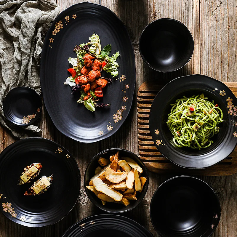 ЛингАо Японская винтажная керамическая обеденная тарелка, миска для супа, миска для супа, кружка, салатница, тисненая золотом посуда в цвет вишни