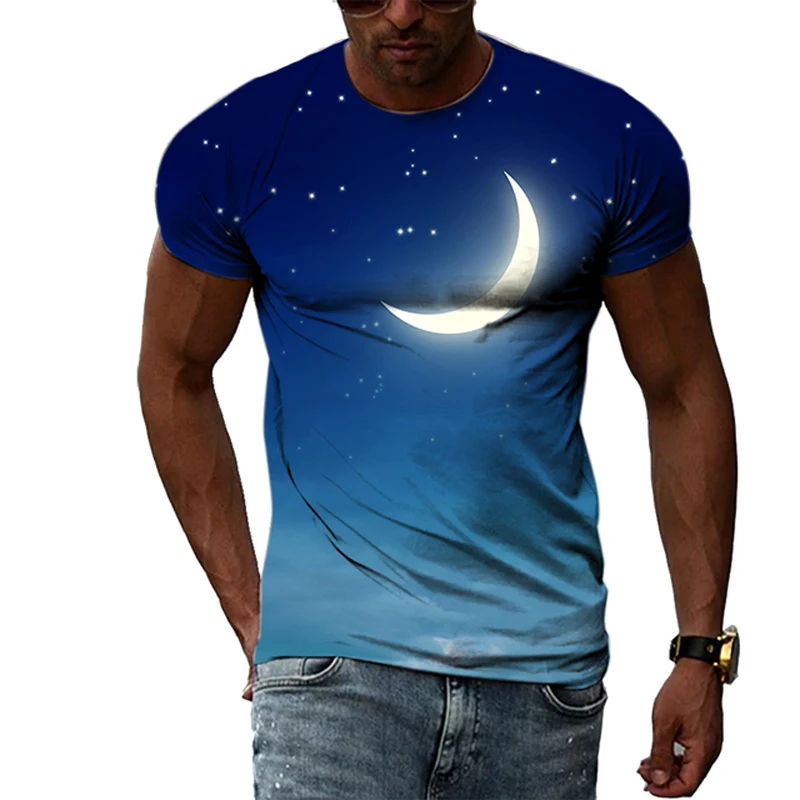 Луна и Звезды Лето Harajuku Дизайн Мода Мужская футболка Жаркое лето Футболки с 3D принтом по всему телу Унисекс футболка