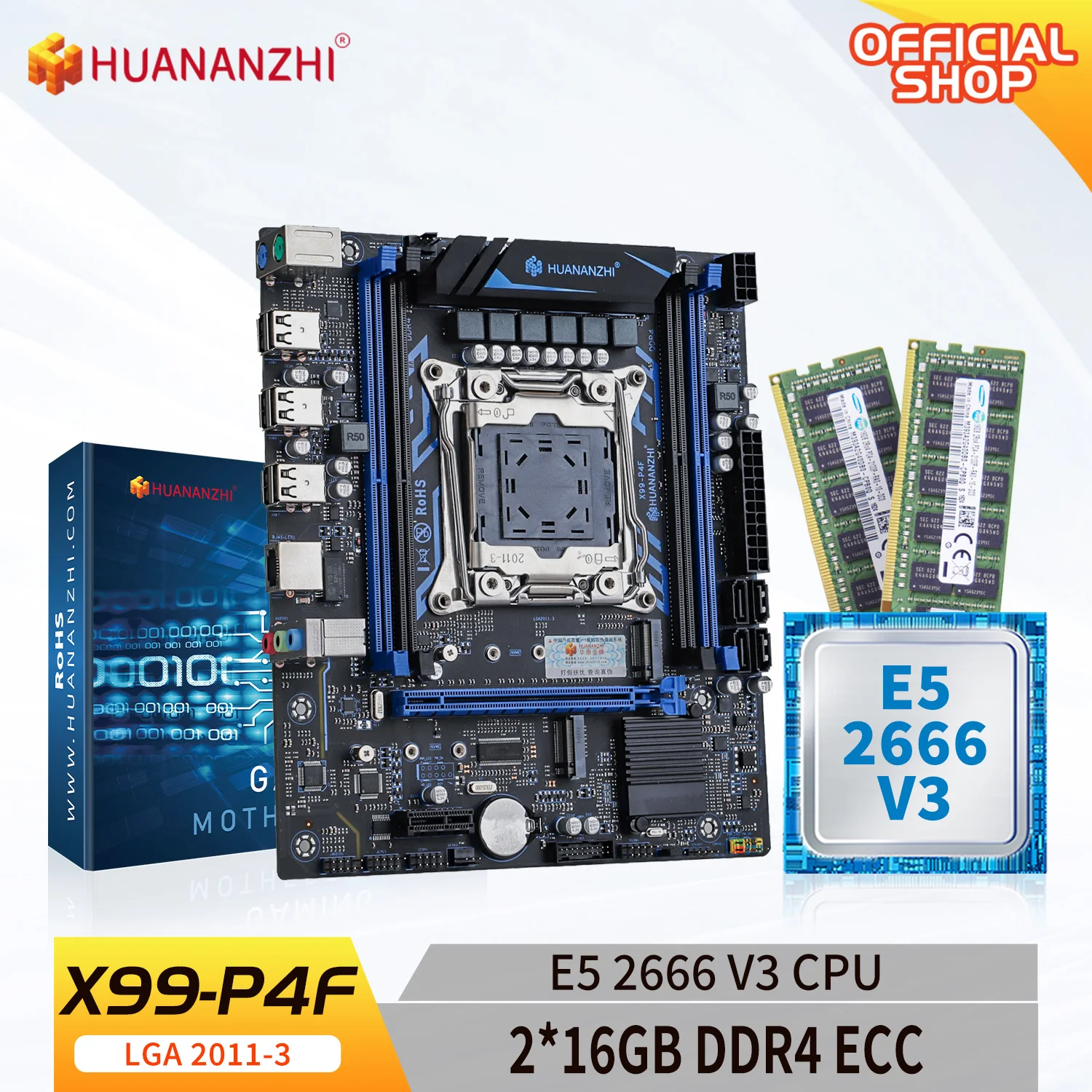 Материнская плата HUANANZHI X99 P4F LGA 2011-3 XEON X99 с процессором Intel E5 2666 V3 с комбинированным комплектом памяти 2*16G DDR4 RECC Set NVME