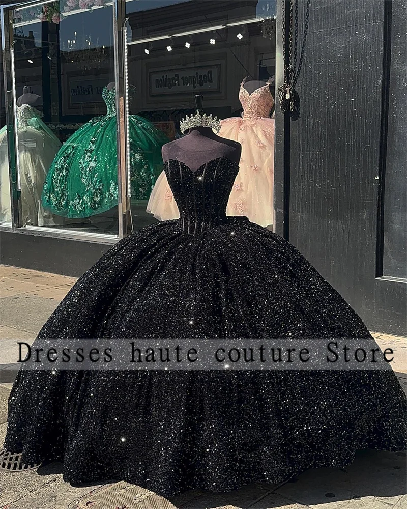 Мексиканское пышное платье с черными блестками, бальное платье 2024, милое платье 16, платье для дня рождения, платье на шнуровке, Vestido De 15 Anos