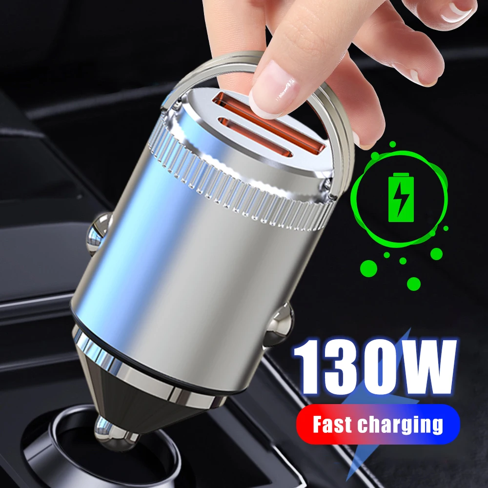 Мини-автомобильное зарядное устройство мощностью 130 Вт с двойным кольцом для автомобильного телефона, быстрые зарядные устройства QC3.0, сверхбыстрое зарядное устройство PD, невидимое мини-автомобильное зарядное устройство