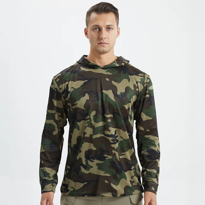 Мужская быстросохнущая солнцезащитная футболка с капюшоном и длинным рукавом, военная камуфляжная тренировочная уличная тактическая спортивная одежда, камуфляжная футболка Xxl