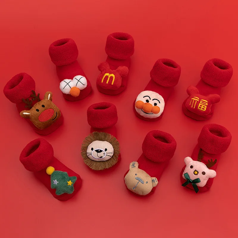 Мультяшные детские носки для детей, девочек и мальчиков, нескользящие Мягкие хлопковые рождественские носки для новорожденных, красные короткие носки для младенцев