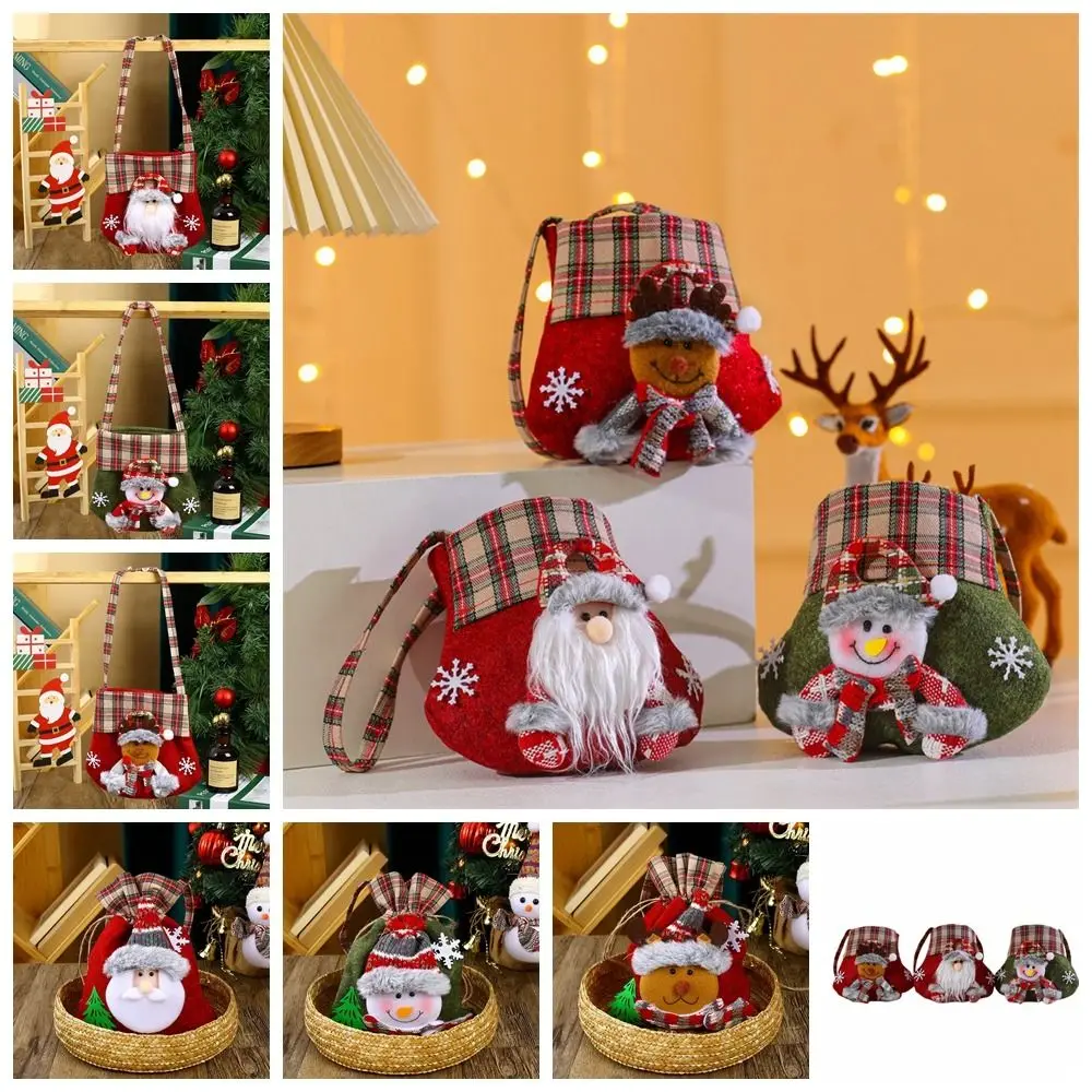 Мультяшный Милый Санта-Клаус, Рождественская сумочка, подарки, сумка для конфет, Рождественская сумка через плечо, Клетчатый Креативный Рождественский подарок