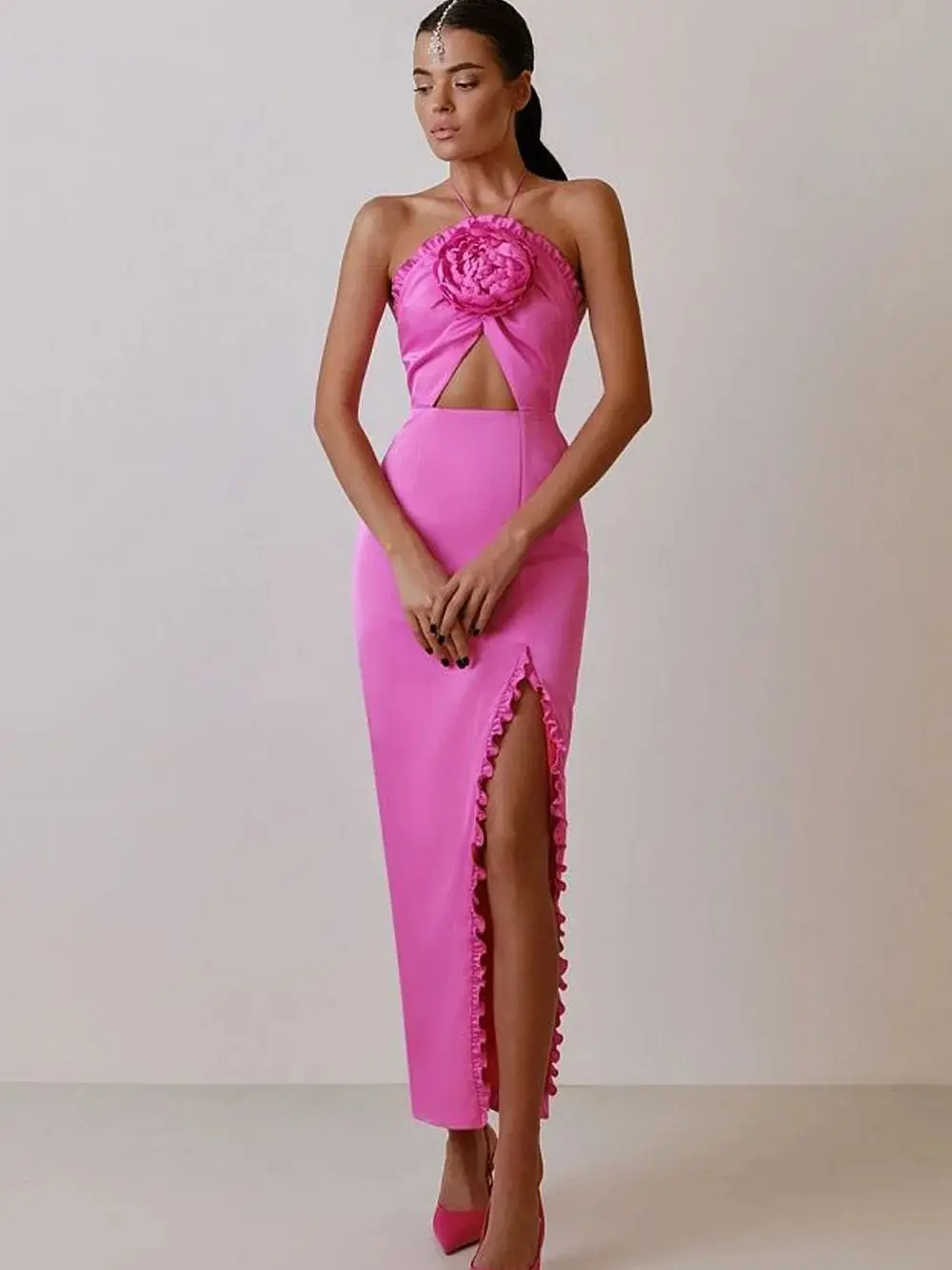 Новое женское знаменитое сексуальное розовое атласное платье с цветочным рисунком на бретелях 2023 Элегантное длинное вечернее платье для вечеринки в клубе на день рождения