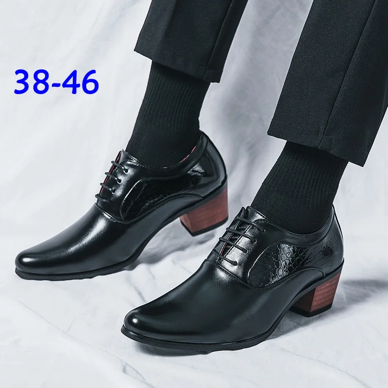 Новое поступление, Мужская черная кожаная обувь на высоком каблуке, Большой размер 46, модельные туфли с острым носком, мужские оксфорды, Zapatos De Vestir