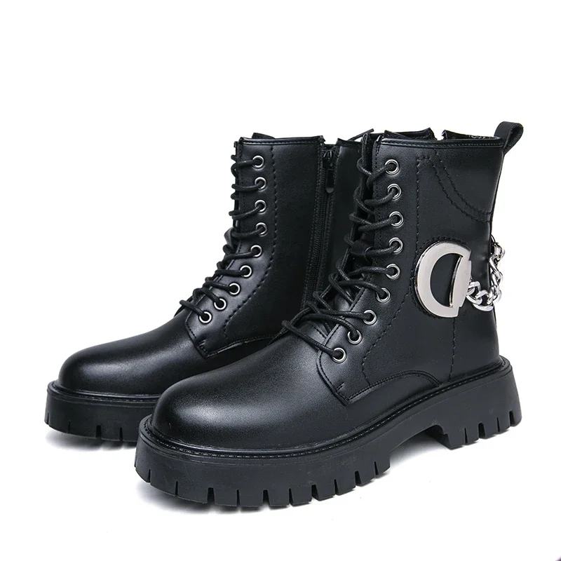 Новые черные мотоциклетные ботинки для мужчин, коричневые короткие ботинки на платформе со шнуровкой и круглым носком, ботинки в стиле Вестерн, Размер 38-45