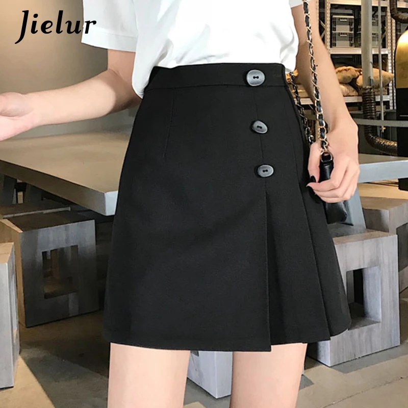 Новые элегантные черные женские юбки, корейская мини-юбка с высокой талией, Очаровательная женская юбка-трапеция в стиле хай-стрит на пуговицах Faldas