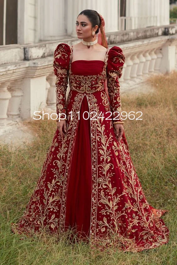Пакистанские свадебные платья Красной принцессы, Сказочное пышное свадебное платье с длинным рукавом, Золотая аппликация из бисера, Малиновый Кафтан королевы, свадебное платье