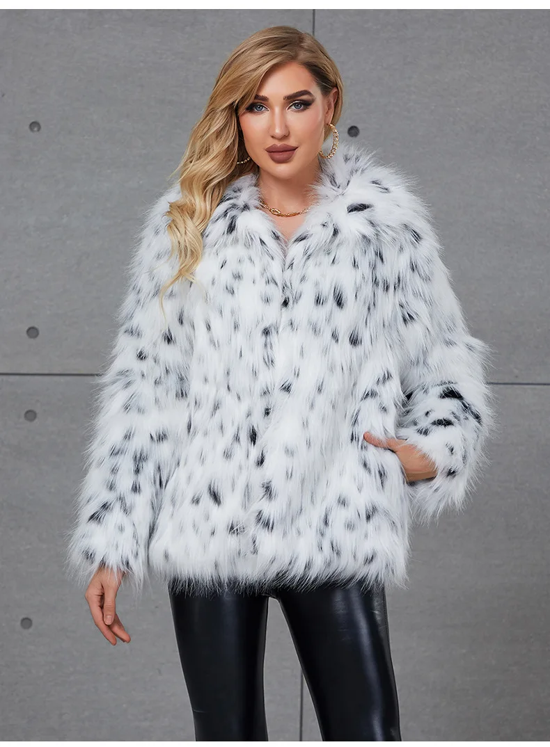 Пальто из искусственного лисьего меха большого размера с леопардовым узором, меховой воротник Поло, длинный рукав, Свободный кардиган, женское пальто из белой шерсти высокого качества