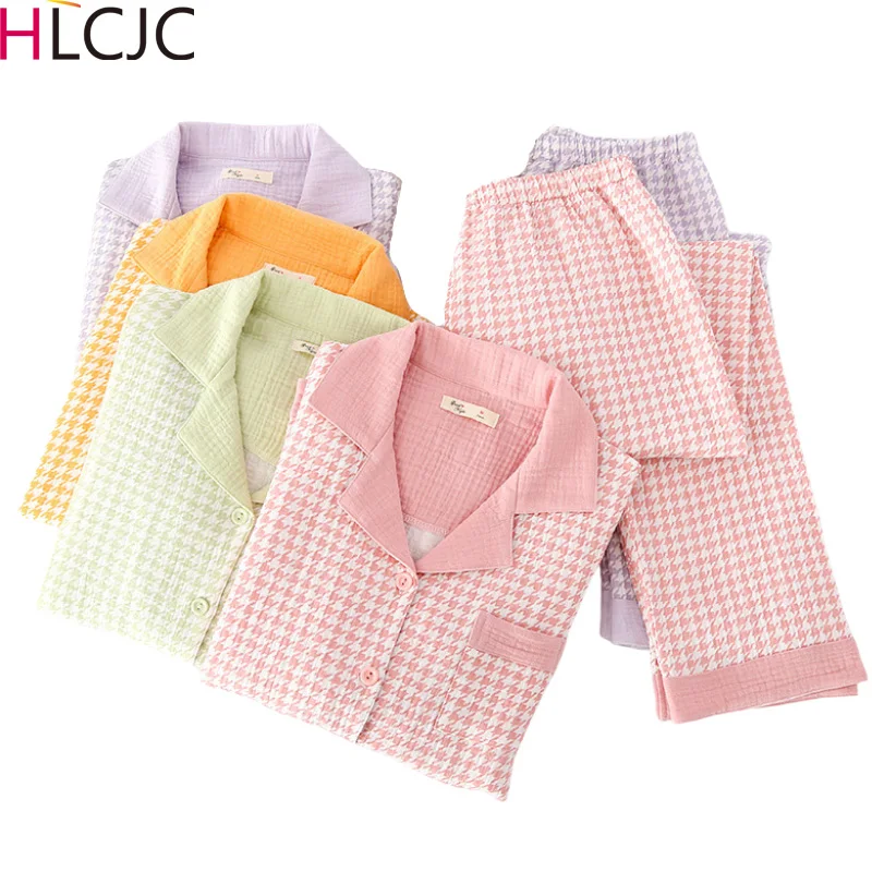 Пижамы из хлопчатобумажного крепа, женские весенне-осенние женские товары для дома с длинными рукавами, простые женские свободные повседневные пижамы большого размера