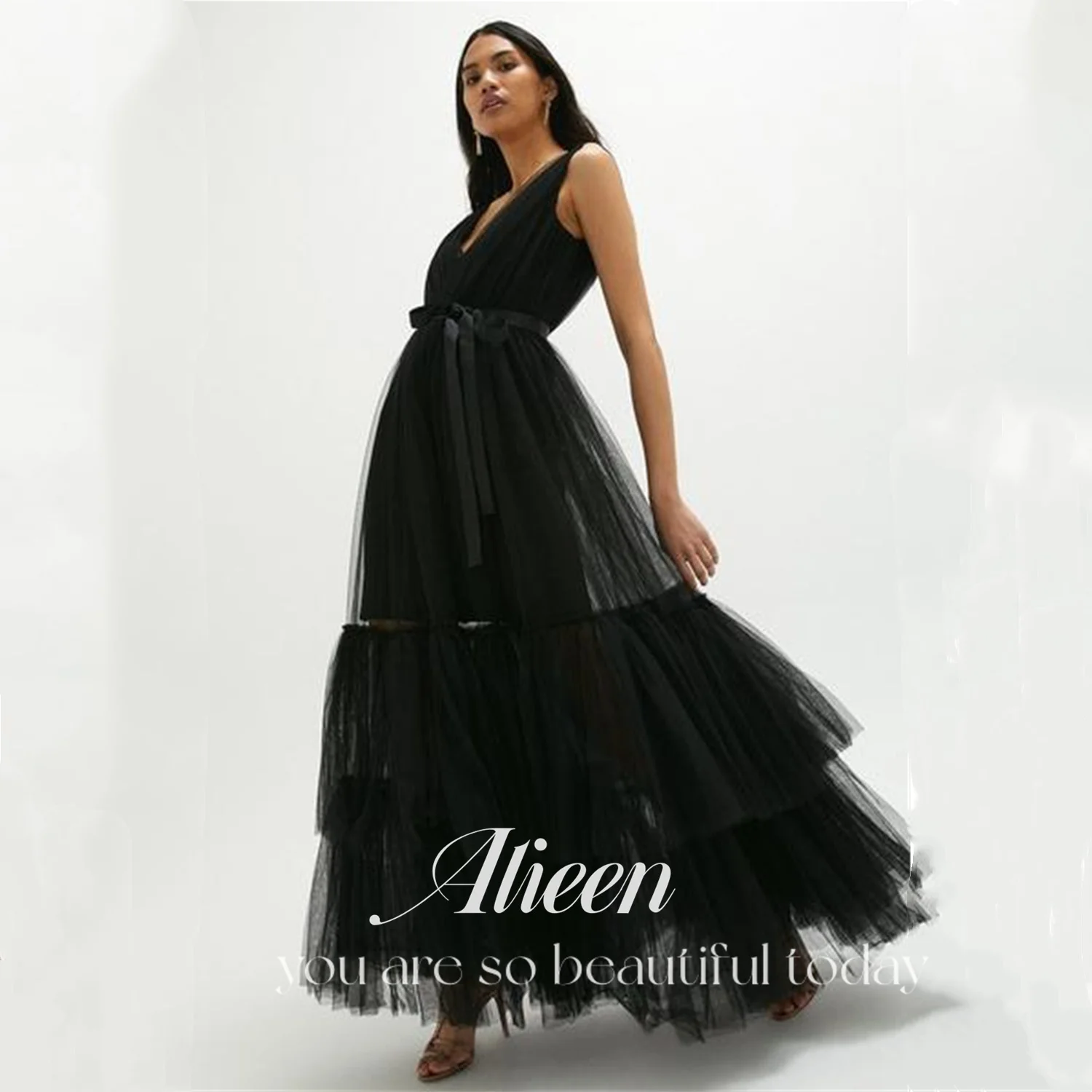 Платья для официальных мероприятий Aileen Black, вечернее платье для свадьбы, шифоновое платье трапециевидной формы, длинное женское платье с V-образным вырезом, Элегантное Красивое женское вечернее платье, новинка