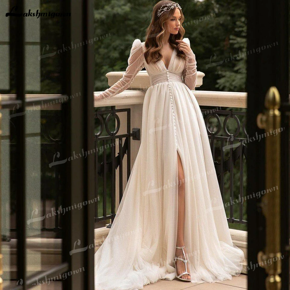 Простое шифоновое свадебное платье с высоким разрезом, V-образный вырез, длинные рукава, свадебные платья на пуговицах, тюль, шлейф с открытой спиной, vestidos