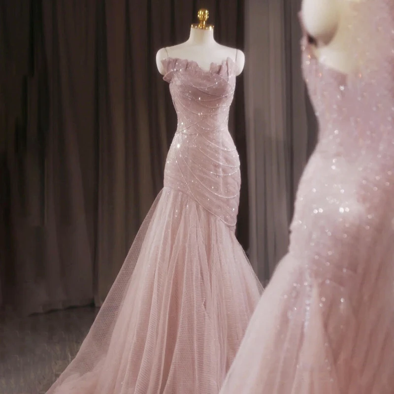 Реальные фотографии Розовое Новое вечернее платье в стиле милочки, сексуальный тюль, тонкий рыбий хвост, вечерние платья на заказ для женщин 2024