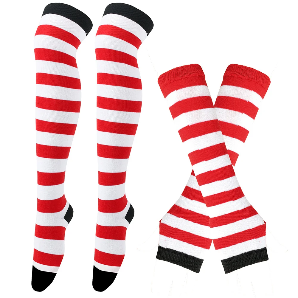 Рождественские полосатые гольфы с рукавами до колена, перчатки с отверстиями для большого пальца, теплые гольфы, длинные носки для косплея, Женские чулки