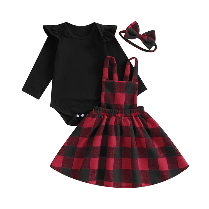 Рождественский наряд для маленькой девочки 0 3 6 9 12 18 24 месяцев, комбинезон с оборками, клетчатая юбка, платье, повязка на голову, комплект одежды