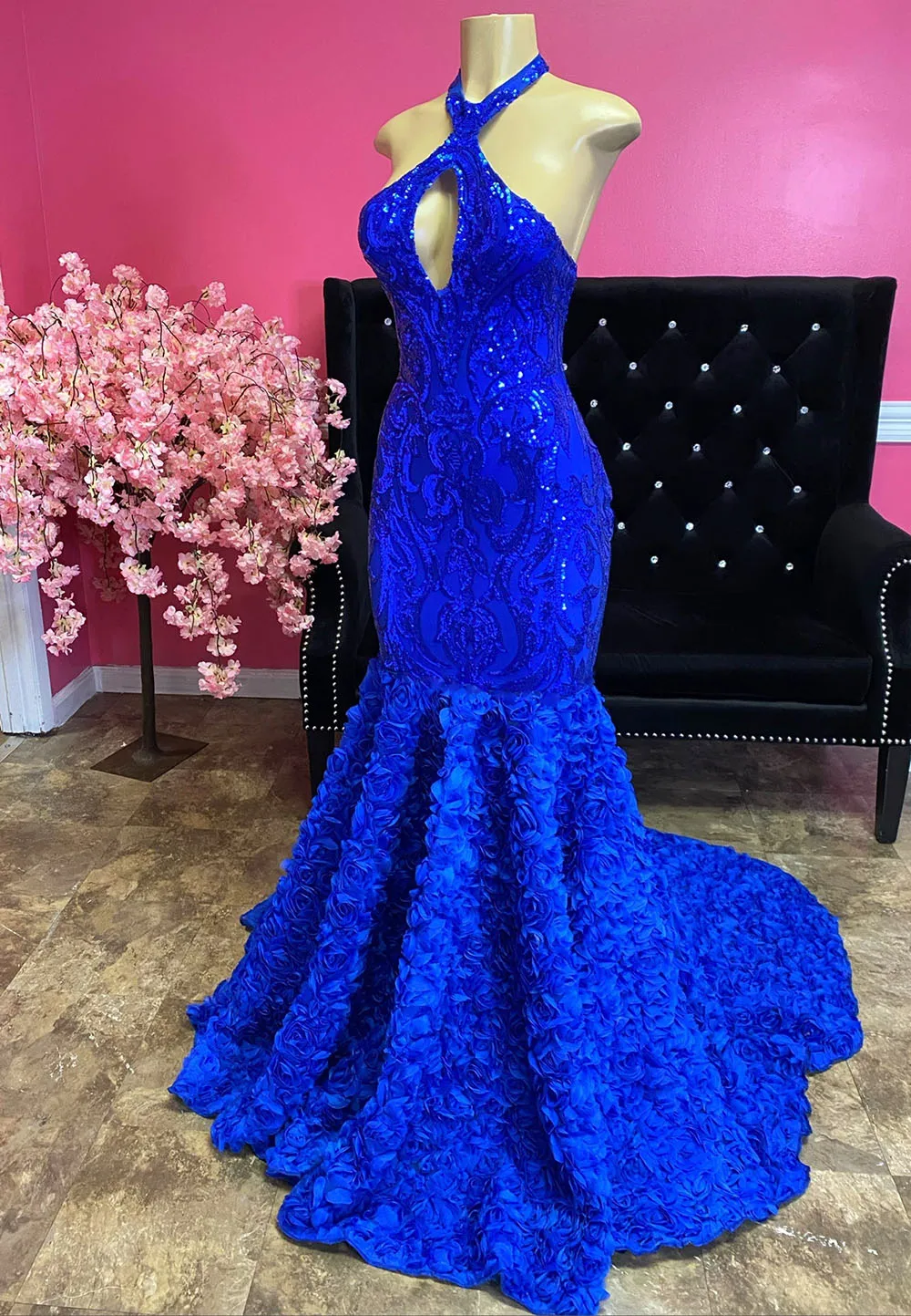 Роскошный блестящий топ с пайетками, 3D цветами, открытой спиной, Королевский синий Русалка, Африканская черная девушка, длинные вечерние платья, платья для выпускного вечера 2023
