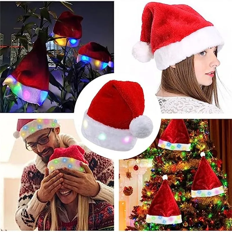 Светодиодная светящаяся Рождественская шляпа Новый 2023 год Плюшевая Рождественская Красная шляпа Санта-Клауса Атмосфера Счастливого Рождества Декор Праздничные принадлежности для вечеринок