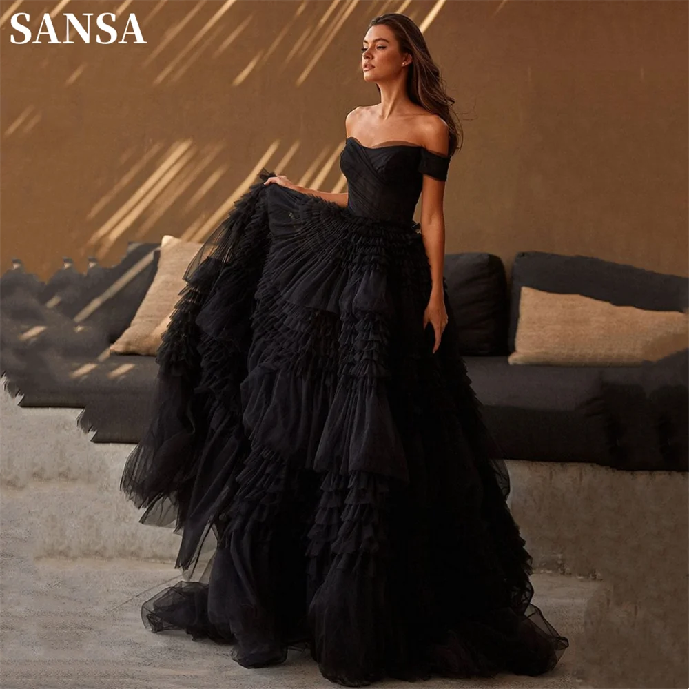 Сексуальное Выпускное платье Sansa С Открытыми плечами, Черное Многослойное Роскошное Бальное платье Из Тюля, Пышные Вечерние Платья