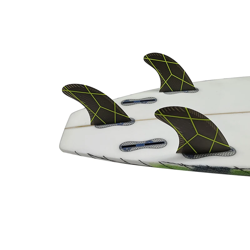 Серое Стекловолокно С Желтыми линиями UPSURF FCS 2 Плавника для доски для серфинга G5 / G7 Tri Surfing Fins Honeycomb Double Tabs 2 Коротких плавника для доски