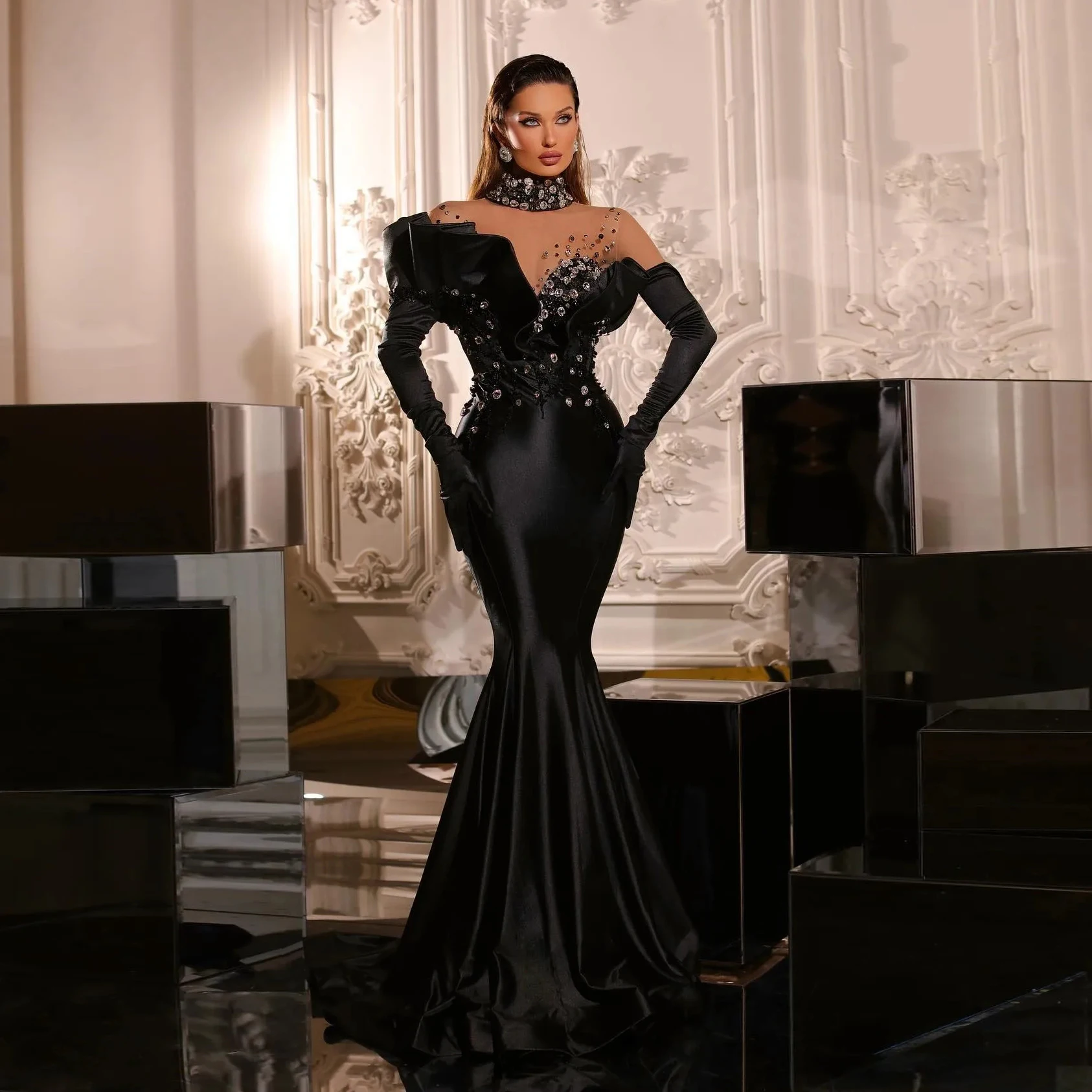 Стильные черные атласные платья русалки для выпускного вечера с прозрачным вырезом, блестящими кристаллами, стразами, Вечернее платье с перчатками, уникальное платье