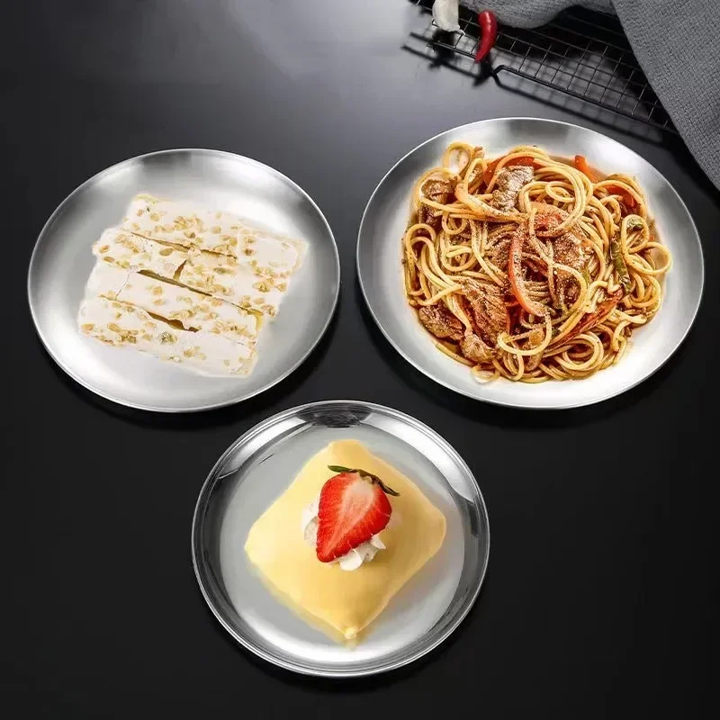 Утолщенный Корейский диск из нержавеющей стали для барбекю, круглая мелкая тарелка, Костяное блюдо, Матовое Металлическое зеркало, Тарелка для фруктового торта, наборы тарелок