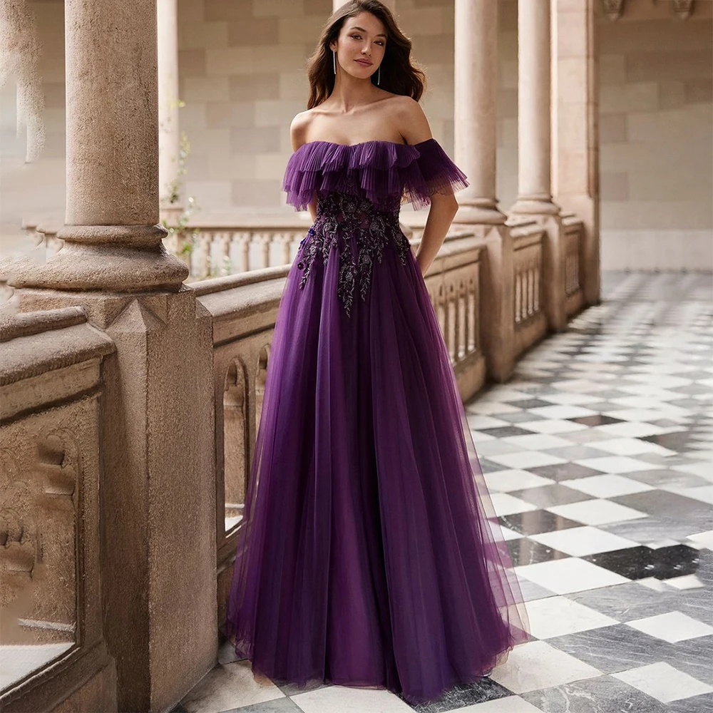 Фиолетовое платье Verngo с открытыми плечами для официальных мероприятий, Многоуровневое вечернее платье на молнии, расшитое бисером, вечернее платье в стиле милой девушки