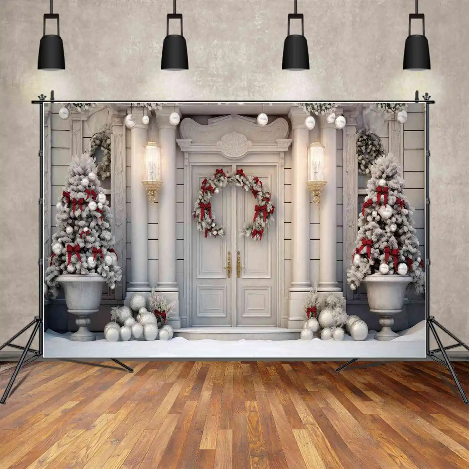 Фон для фотосъемки MOON.QG Белый Рождественский Венок на крыльце Снежный пол Дерево Фон Красный Бант Текстурированная дверь Декор ворот