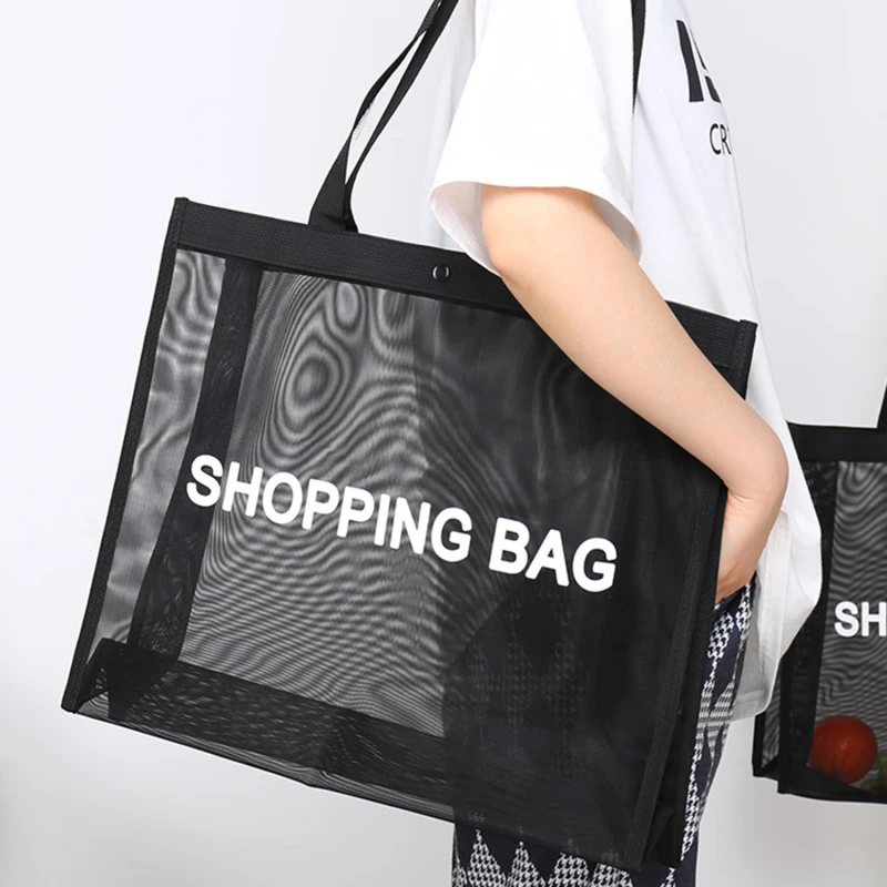 Черная прозрачная сетчатая сумка для покупок, нейлоновая сумка большой емкости для торгового центра, пляжа, фитнеса, йоги, сумка-тоут для женщин, органайзер