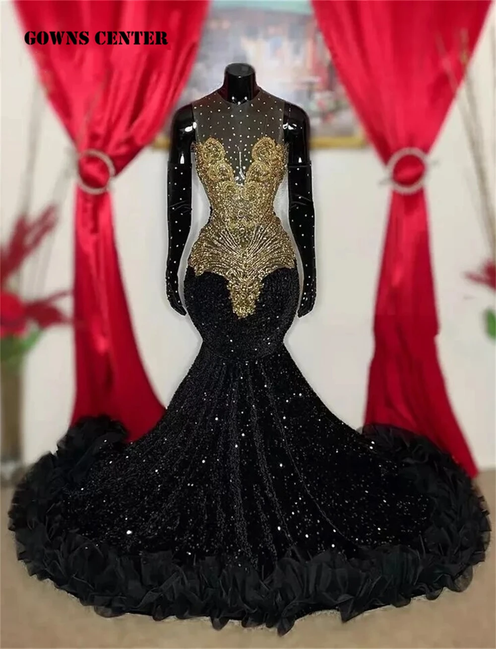 Черные бархатные платья для выпускного вечера с золотыми блестками Rainstones 2024 С перчатками Африканское свадебное вечернее платье Прозрачные платья для коктейлей