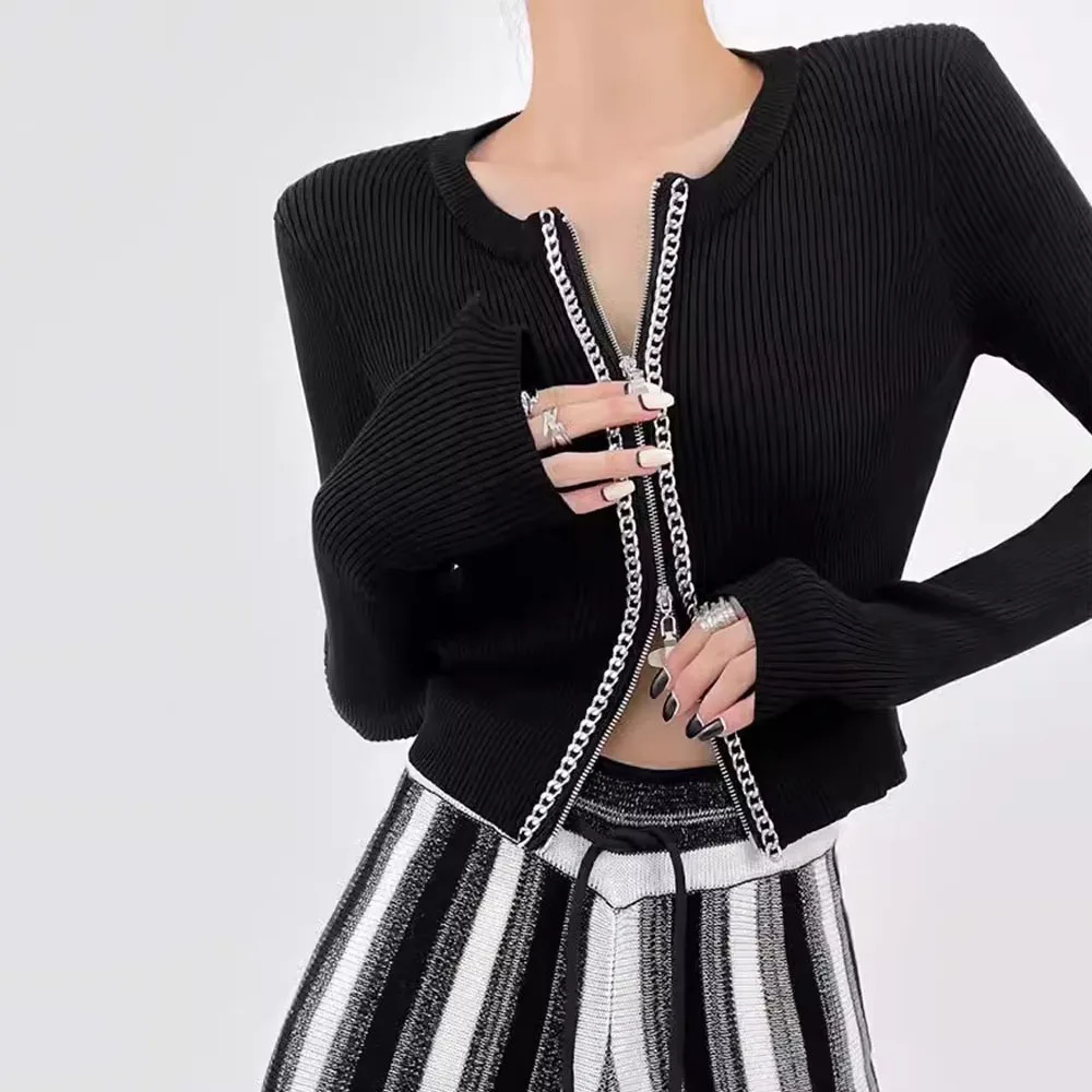 Черный свитер на двойной молнии, женский короткий вязаный кардиган, женская осенняя верхняя одежда с металлической цепочкой, облегающие трикотажные топы