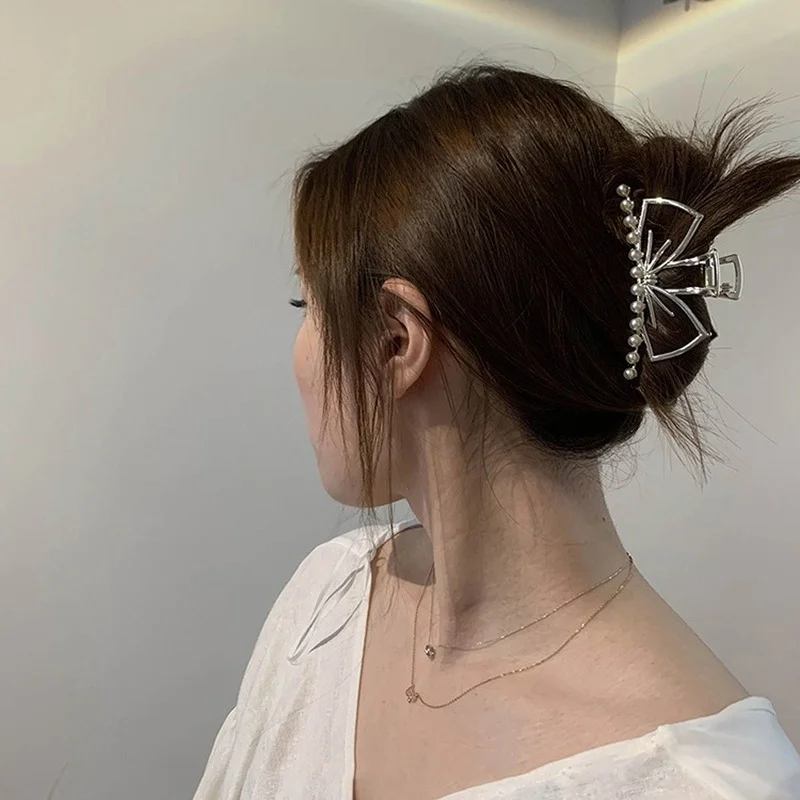 Чистая знаменитость металлический бант жемчужина на затылке средний зажим для волос Южная Корея ins простая заколка боковой зажим аксессуары для волос