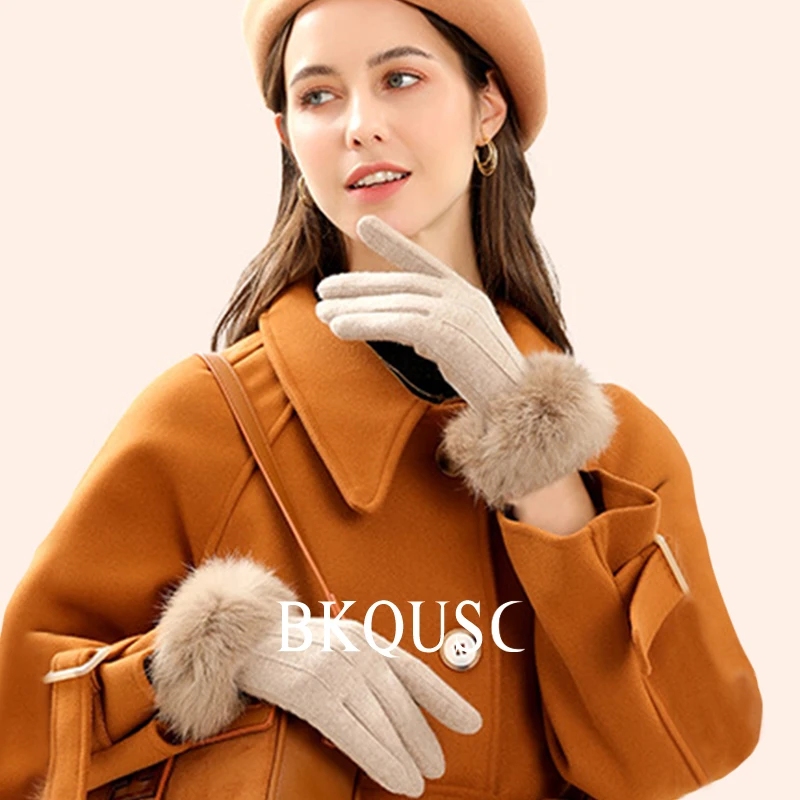 Элегантные женские перчатки из пушистой шерсти, зимние уличные стильные перчатки из кроличьего меха, роскошные Вязаные кашемировые митенки с сенсорным экраном на весь палец