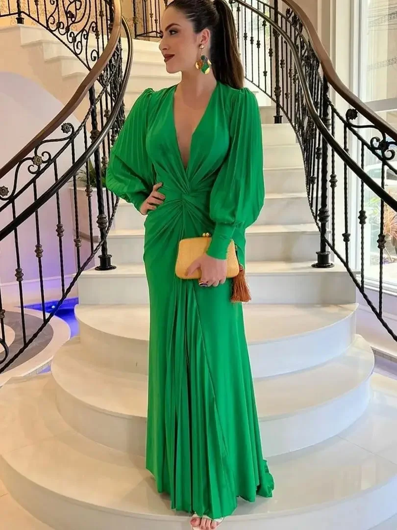 Элегантные зеленые выпускные платья Flavinke с глубоким V-образным вырезом и длинным рукавом, шифоновые вечерние платья, вечерние платья для женщин