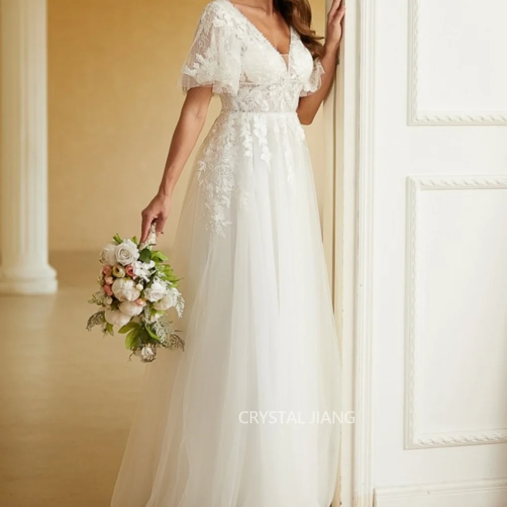 Элегантные свадебные платья из тюля с длинным Vобразным вырезом, естественной талией и короткими рукавами, свадебное платье А-силуэта длиной до пола