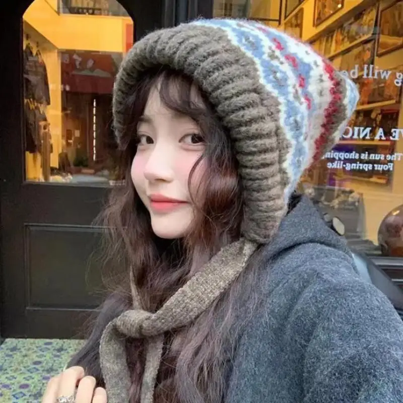 Японские ретро жаккардовые шапочки для женщин, модные зимние осенние дорожные Милые вязаные шапки-пуловеры, связанные вручную, женский капот