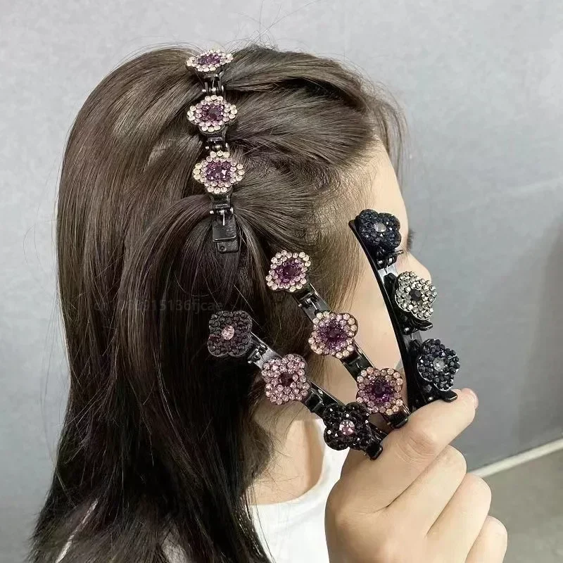 머리핀 Заколки для волос в виде плетеных страз для девочек, заколка для волос с 3 цветами, заколка для волос с кристаллами, женская заколка для волос, аксессуары для волос