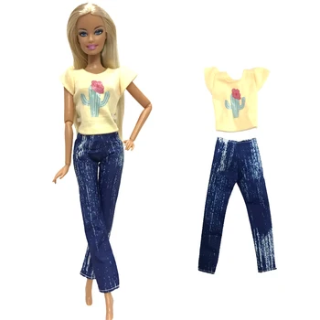 1 комплект, Желтая футболка с милым рисунком кактуса + Имитация джинсовых брюк, повседневный костюм для куклы Барби, Аксессуары, Игрушка  10
