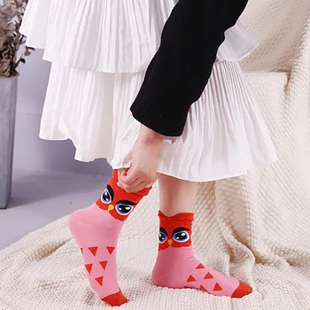 1 пара дышащих удобных чулок в японском стиле с рисунком совы средней длины Модные женские Повседневные носки для девочек  5