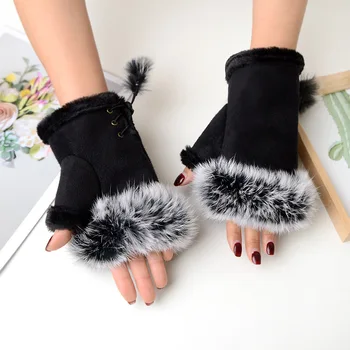 1 Пара женских зимних теплых перчаток без пальцев, женские варежки из кроличьего меха, Однотонная грелка для рук, Модные зимние аксессуары для улицы  5