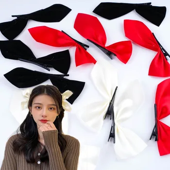 1 пара модных корейских элегантных заколок с бантом и лентой для девочек, простой, милый, однотонный атласный головной убор в стиле ретро, Аксессуары, подарки  5